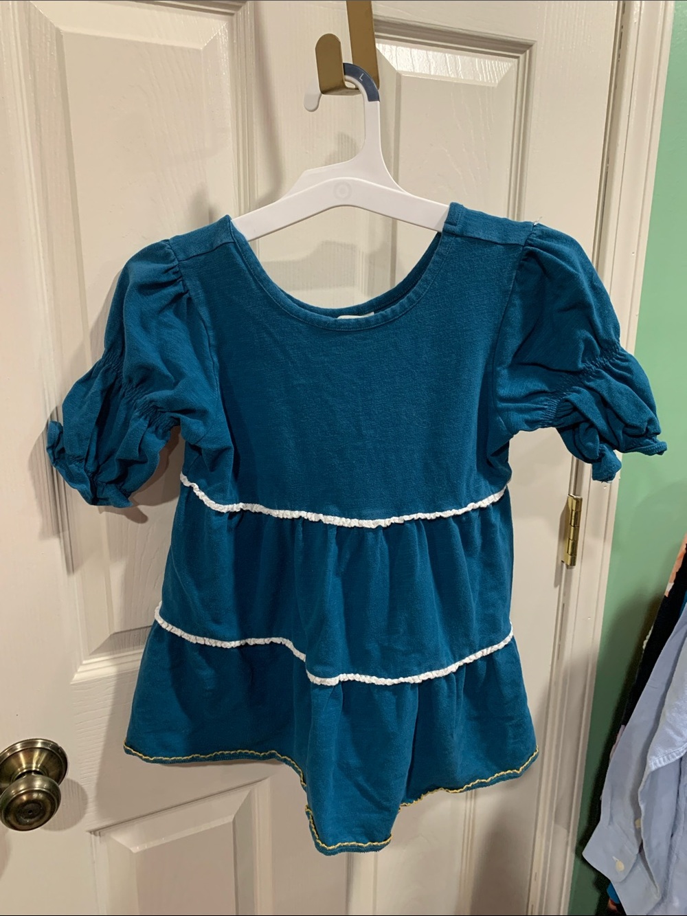 Matilda Jane Teal Tiered Puff-Sleeve Top with White Trim